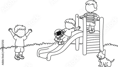 Children playing on playground slide with dog outdoor fun activity cartoon line art illustration for kids coloring page, vector illustration