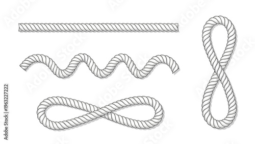 Set of four different white rope illustrations showing a straight line, wavy line, and two types of unique knots.