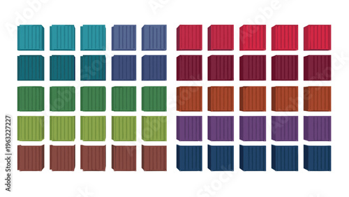 Top down view illustration of a grid containing fifty shipping containers in various vibrant colors like red and green.