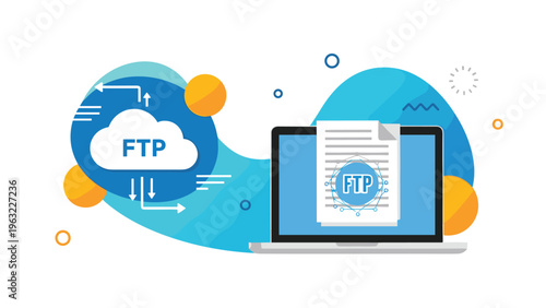 Conceptual illustration of FTP file transfer featuring a laptop and cloud with moving arrows on a colorful background.