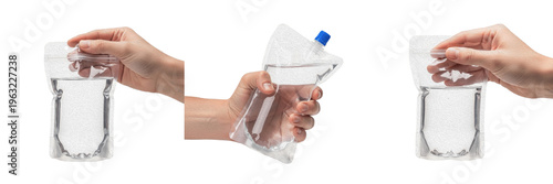 Hand holding transparent flexible plastic water pouch reservoir for travel and sports isolated on white background