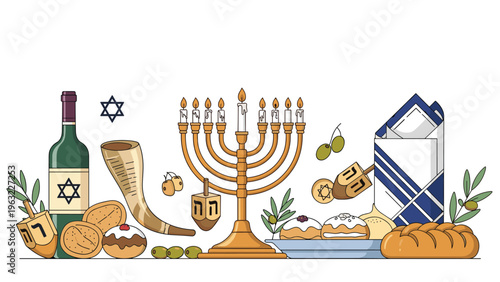 Wide selection of traditional Hanukkah items including a menorah, wine bottle, dreidels, and festive bread and treats.