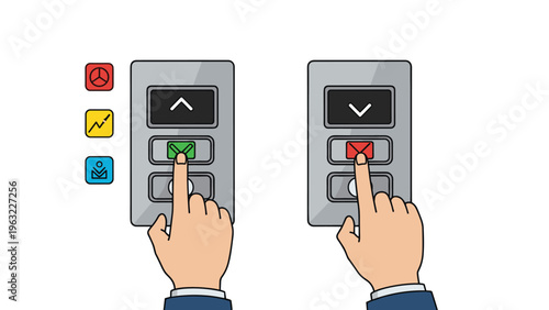 Two elevator style button panels with hands pressing a green check mark for going up and a red cross for down.