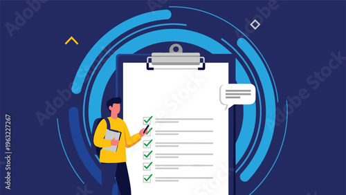 Student standing before a massive clipboard with a completed checklist against a backdrop of blue circular patterns.