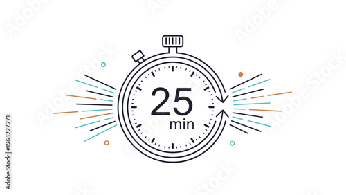 Minimalist line art stopwatch icon displaying twenty five minutes with radiating lines on a plain white background.