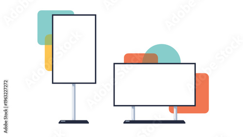 Two blank digital display stands in vertical and horizontal orientations with colorful abstract background shapes.