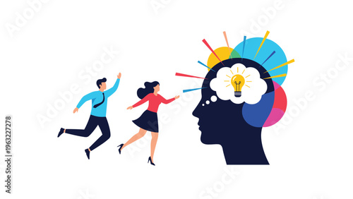 Large silhouette of a head with a glowing lightbulb brain as two people run toward it with excitement and ideas.