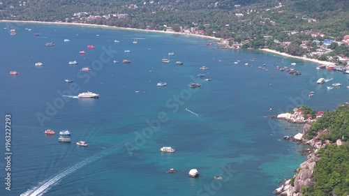 Aerial View of Mae Haad Bay with Longtail Boats Ko Tao Thailand