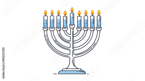 Traditional Hanukkah Menorah with nine lit blue candles and golden flames isolated on a plain white background.