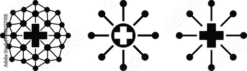 Medical network connection and healthcare data distribution hub icon set. Healthcare administration symbols.