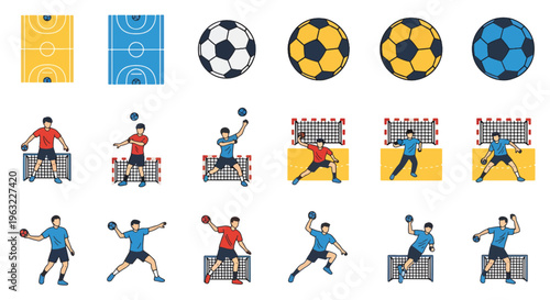 Handball and soccer icons with players in various poses and actions