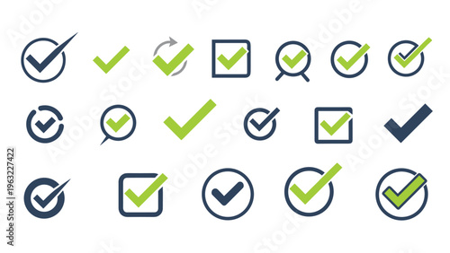 Comprehensive collection of green checkmark icons in different circular square and creative geometric styles.