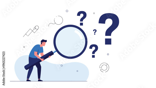 Business research and curiosity concept with a man looking through a giant magnifying glass at question marks.