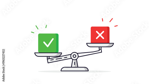 Comparison of success and failure represented by a balance scale with a green checkmark and a red cross box.