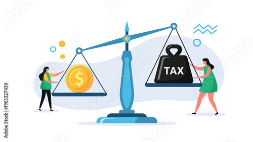 Economic tax burden comparison featuring two people balancing a large dollar coin against a heavy tax weight.
