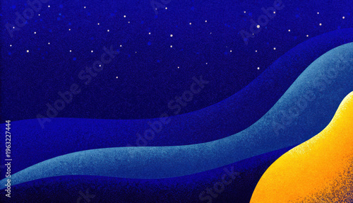 Night sky with waves and stars in a deep blue atmosphere