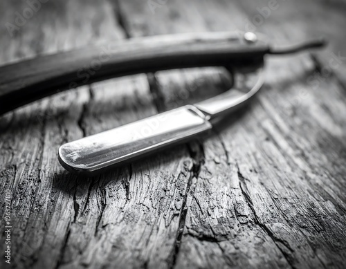 Close-up of antique, open straight razor on weathered, textured wood surface