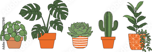 Collection of indoor houseplant vector illustrations featuring monstera deliciosa, cactus, succulent, and pilea peperomioides in orange terracotta pots isolated on a white background.