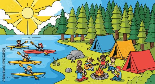 Colorful illustrated scene of camping near a lake