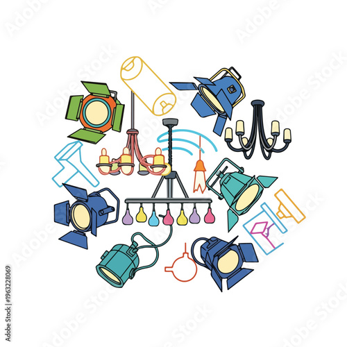 Colorful illustrated set of various lighting fixtures and spotlights