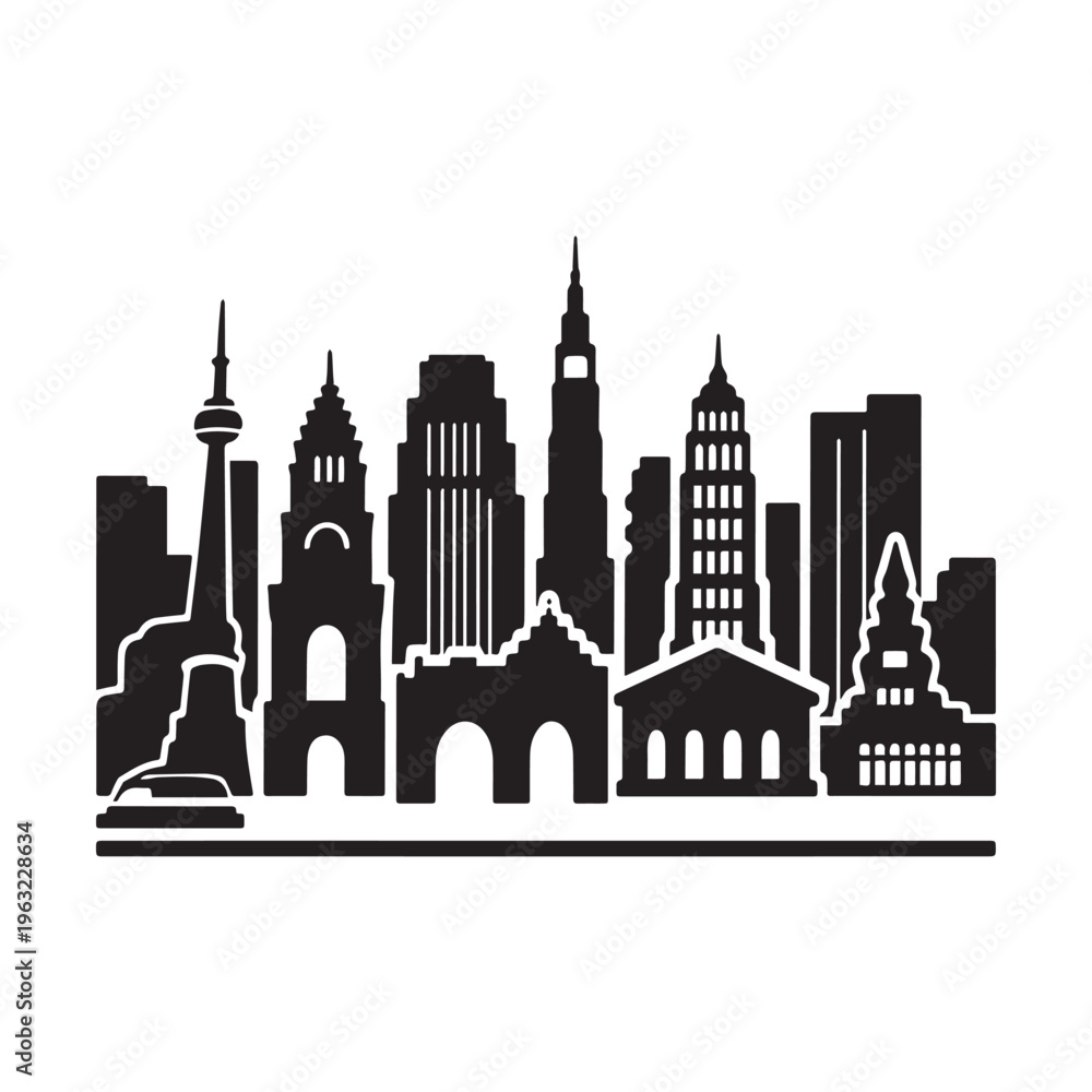 Fototapeta premium Black Silhouette Of Diverse Urban Skyscrapers And Famous International City Landmarks.