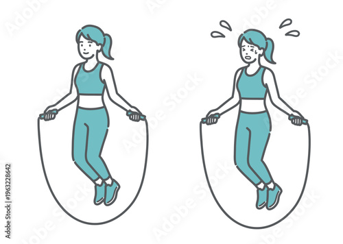 縄跳びで運動する女性の笑顔と辛そうな表情の比較セットイラスト