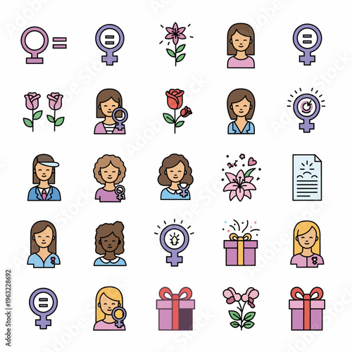 Collection of colorful flat design icons representing International Women s Day