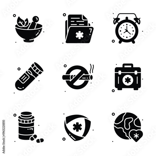 A collection of glyph design medical icons representing healthcare and wellness. Perfect for digital or print.