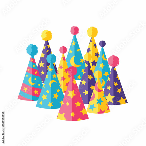 Colorful party hats with star and moon patterns on white background