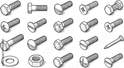 Hand drawn fasteners illustration, bolts screws nails nut washer, mechanical hardware sketch, construction tools design, vintage engineering components artwork