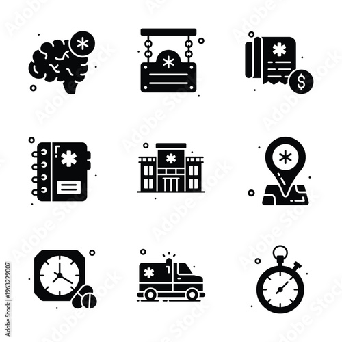Set of glyph design icons representing healthcare services and medical symbols for digital and print use.