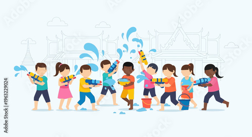 A cheerful flat design illustration capturing two children happily playing with water guns, embodying the youthful joy and energy of Songkran.