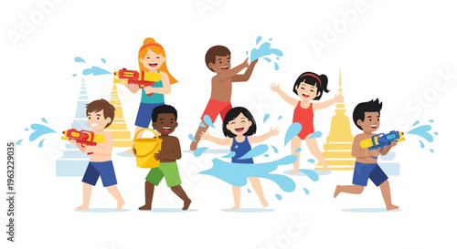 A cheerful flat design illustration capturing two children happily playing with water guns, embodying the youthful joy and energy of Songkran.