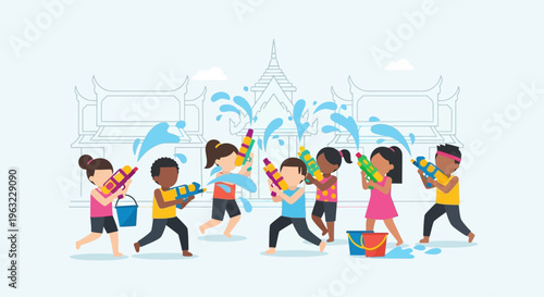 A cheerful flat design illustration capturing two children happily playing with water guns, embodying the youthful joy and energy of Songkran.