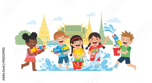 A cheerful flat design illustration capturing two children happily playing with water guns, embodying the youthful joy and energy of Songkran.