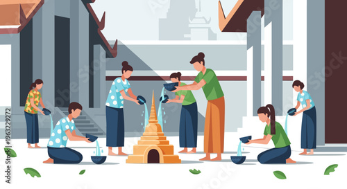 A serene flat design illustration showcasing the traditional Songkran water pouring ritual, symbolizing respect, purification, and good fortune for elders.