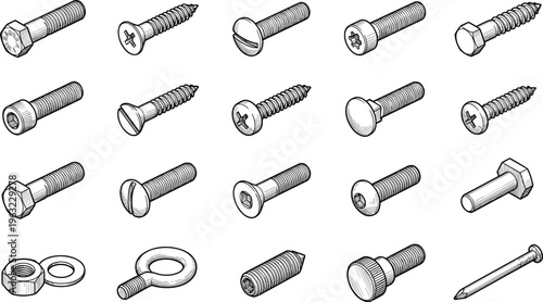 Technical fasteners illustration, screws bolts nuts washers, construction hardware sketch, mechanical components drawing, engineering tools design, vintage industrial artwork
