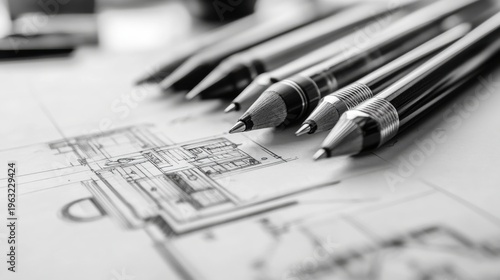 pencils on architectural blueprint