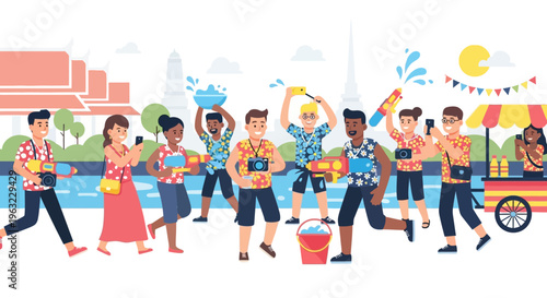 Dynamic flat design illustration capturing the joyful spirit of Songkran with people engaging in a lively water fight, symbolizing renewal and festivity.
