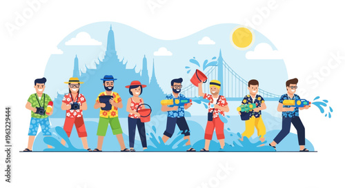 Dynamic flat design illustration capturing the joyful spirit of Songkran with people engaging in a lively water fight, symbolizing renewal and festivity.