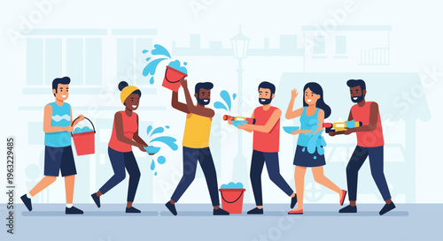 Dynamic flat design illustration capturing the joyful spirit of Songkran with people engaging in a lively water fight, symbolizing renewal and festivity.
