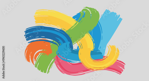 Colorful, layered brushstrokes on a gray backdrop, abstract art