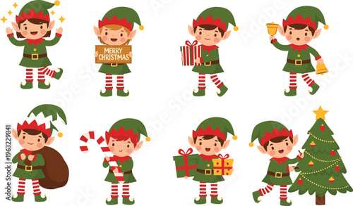 Adorable collection of Christmas elf vector characters featuring cute little helpers with gift boxes, candy canes, sacks of toys, and festive holiday bells isolated on white.