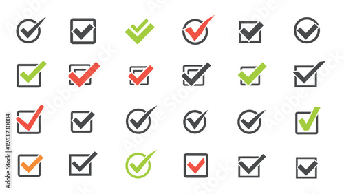 Assorted set of checkmark icons in various shapes and colors including green, red, and orange for interface design and task tracking tools.