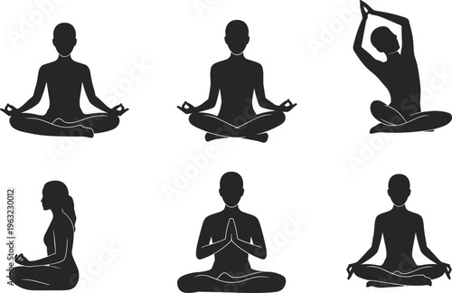 Yoga meditation silhouettes set illustration, people practicing lotus pose and stretching, wellness and mindfulness concept, black vector design