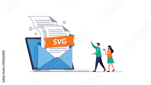 Laptop computer displaying an open email envelope with SVG document files emerging for professional web design and graphic development work.