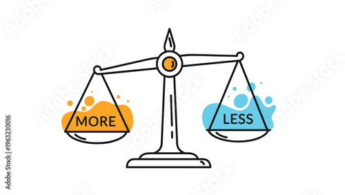 Balanced scales comparing the concepts of more and less using orange and blue colors to illustrate weight, choice, and economic trade-offs.