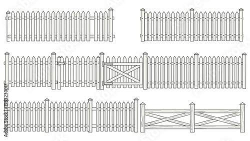 Collection of different white picket fence designs and gate variations for home gardening, property landscaping, and backyard decoration.