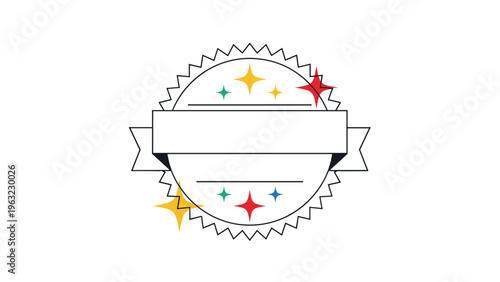 Blank achievement badge or quality seal featuring a white circular space for text with decorative ribbons and festive stars.