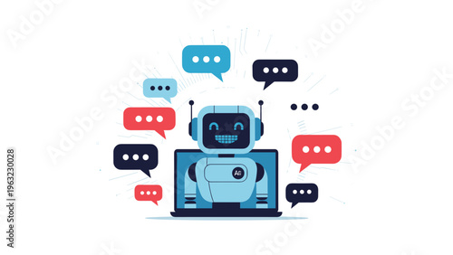 Friendly AI chatbot character appearing on a laptop screen surrounded by colorful speech bubbles for automated customer support assistance.